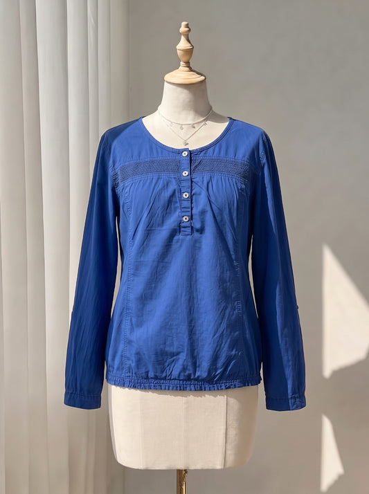 Royal Blue Long Sleeve Henley Top – Smocked Yoke Elastic Hem