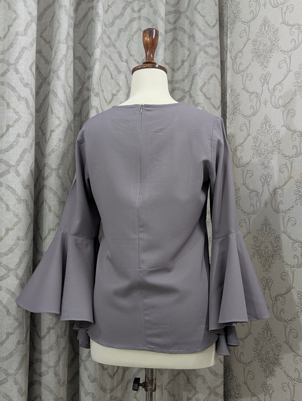Slate Gray Bell Sleeve Blouse with Flared Cuffs