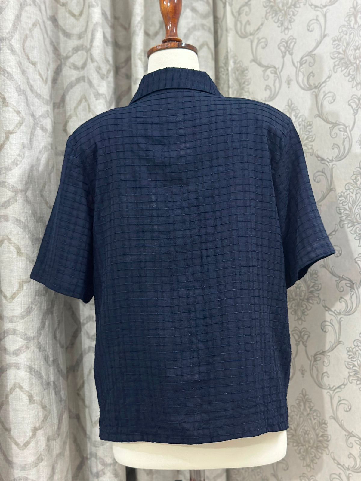 Navy Textured Grid Short-Sleeve Button-Down Shirt