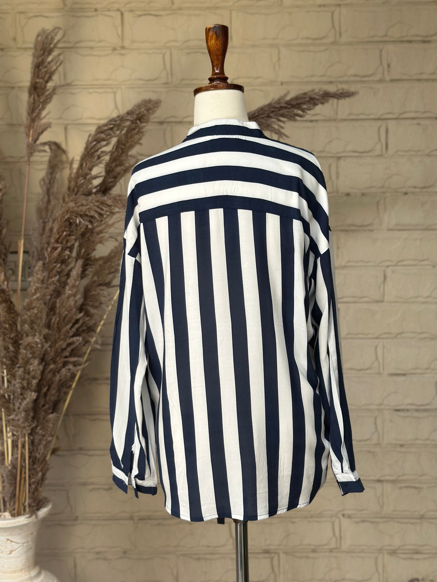 Navy & Cream Wide-Stripe Split-Neck Top