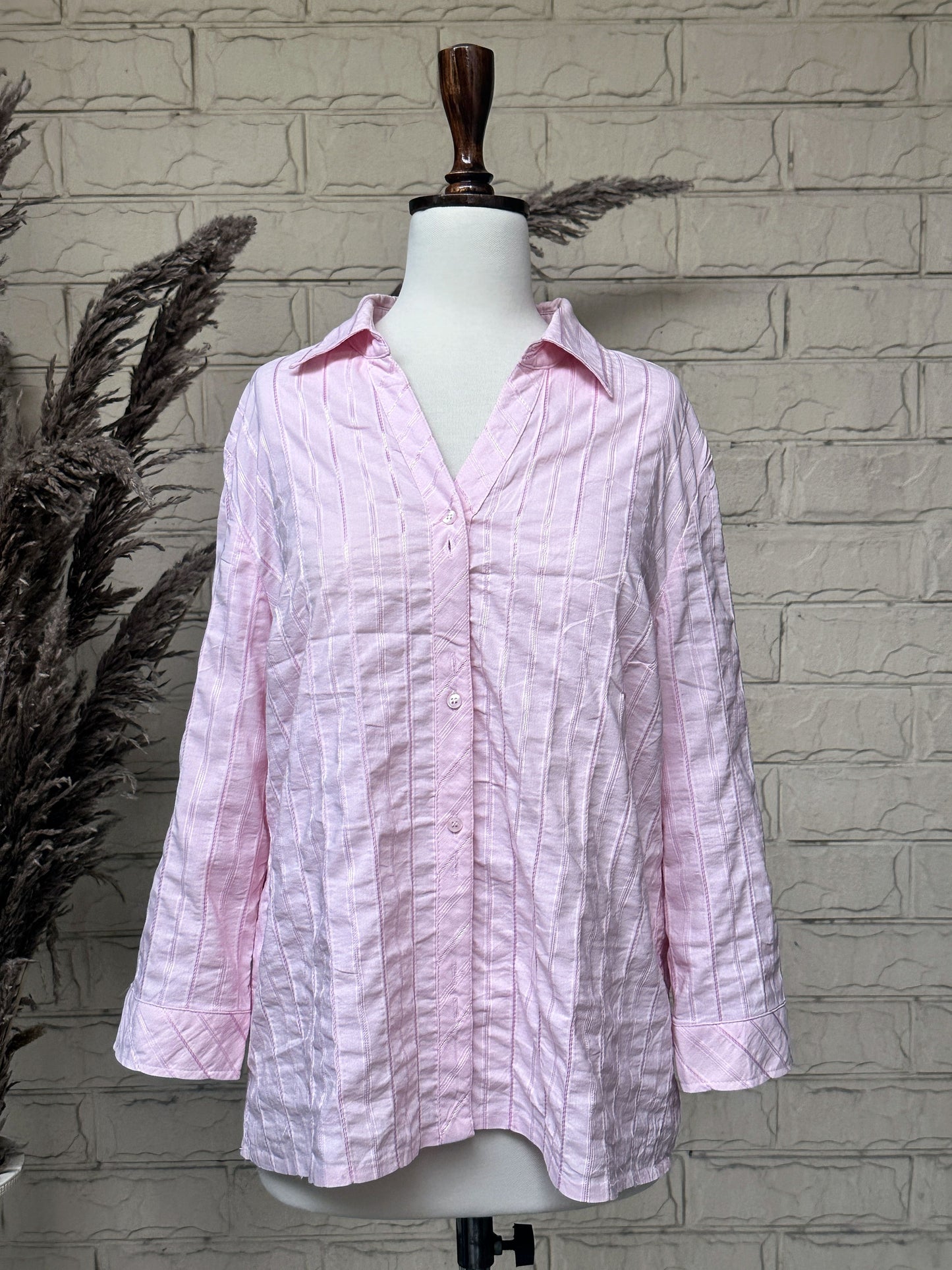 Soft Pink Textured Self-Stripe Button-Down Shirt
