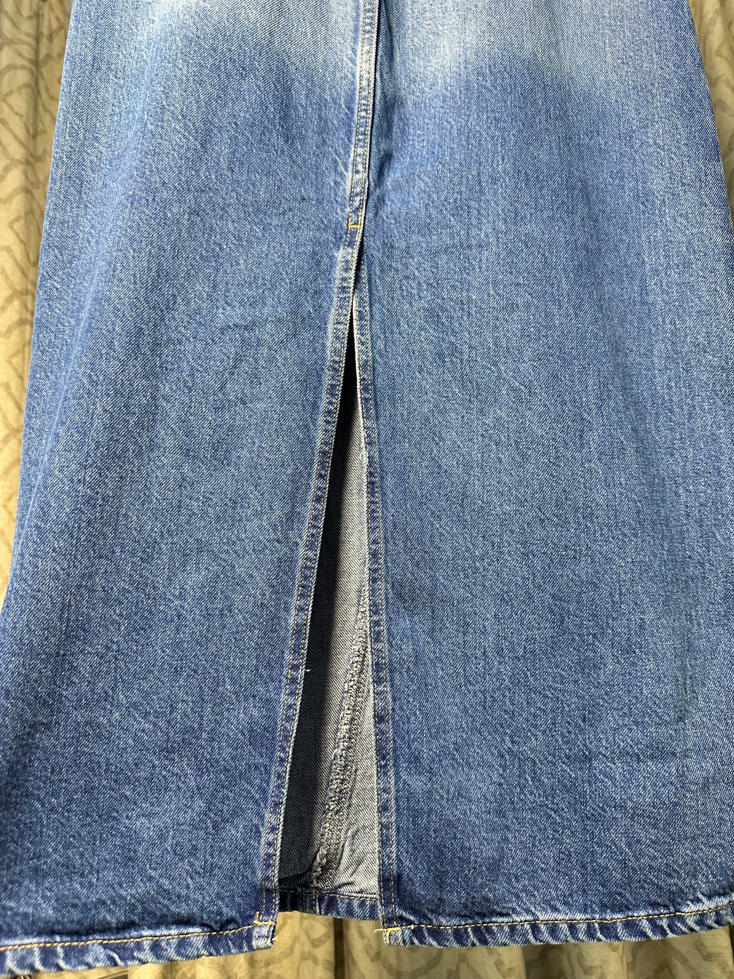 Classic Blue Denim Maxi Skirt with Studded Side Trim & Back Slit