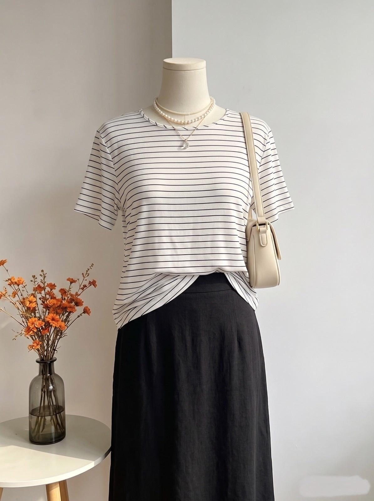 White & Black Fine Stripe Short-Sleeve T-Shirt