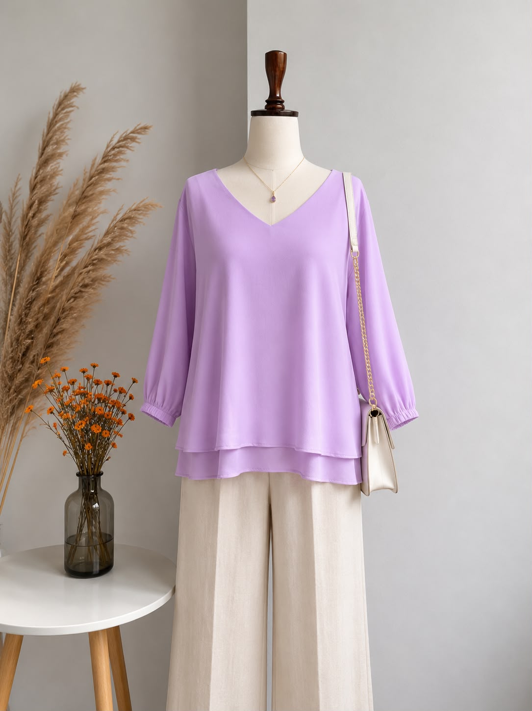 Lavender Double-Layer 3/4 Sleeve Top