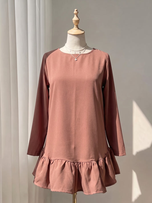 Chic Dusty Pink Long Sleeve Tunic Top with Flounce Ruffle Hem