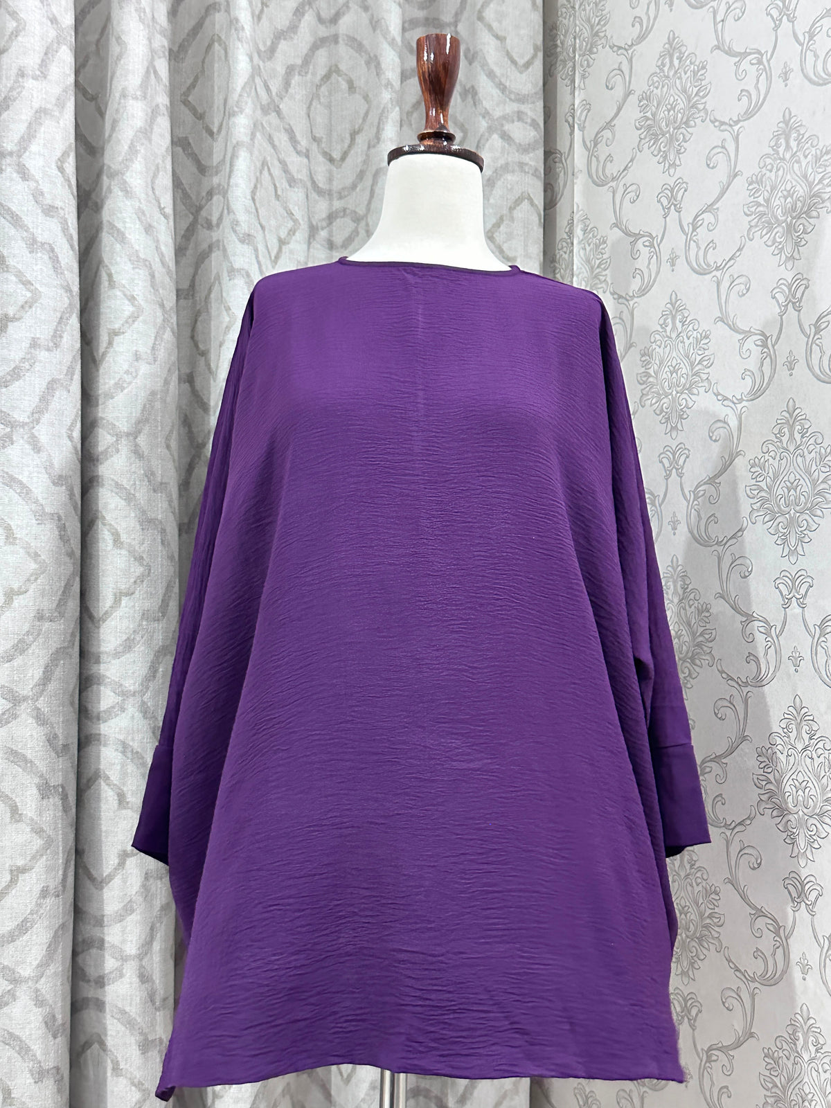 Purple Crinkle Textured Oversized Tunic Top with Batwing Sleeves