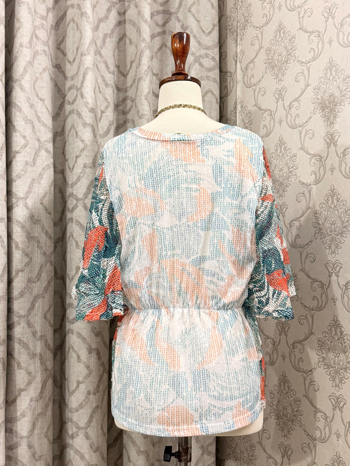 Abstract Printed Mesh Blouse – Cinched Waist Wide 3/4 Sleeve Top