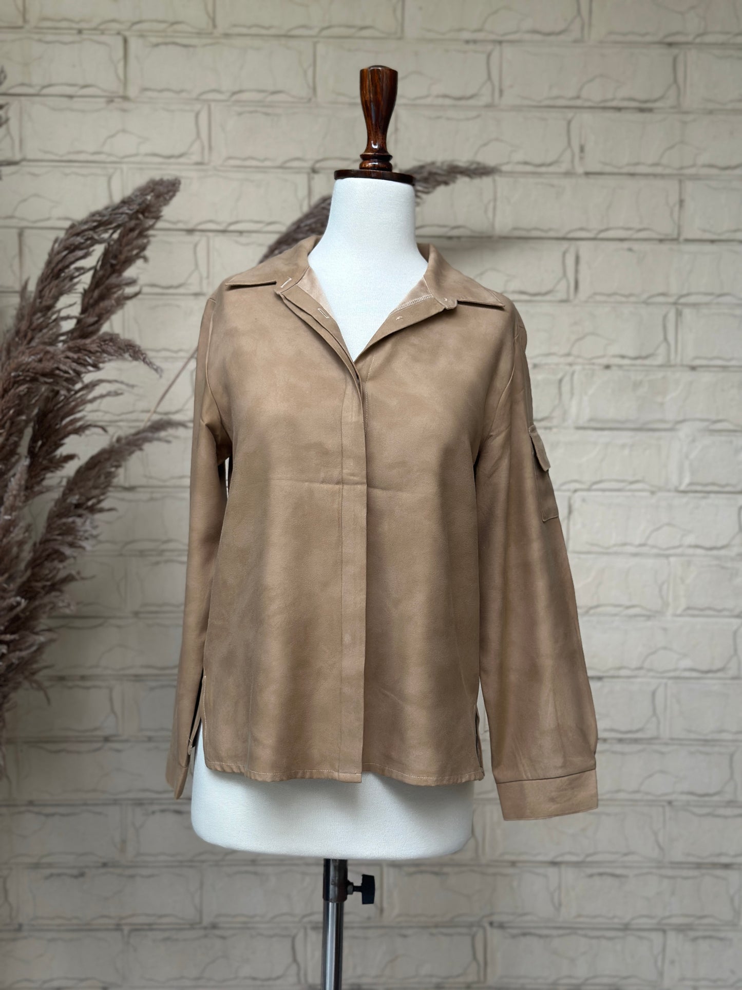 Camel Faux Suede Button-Down Shirt