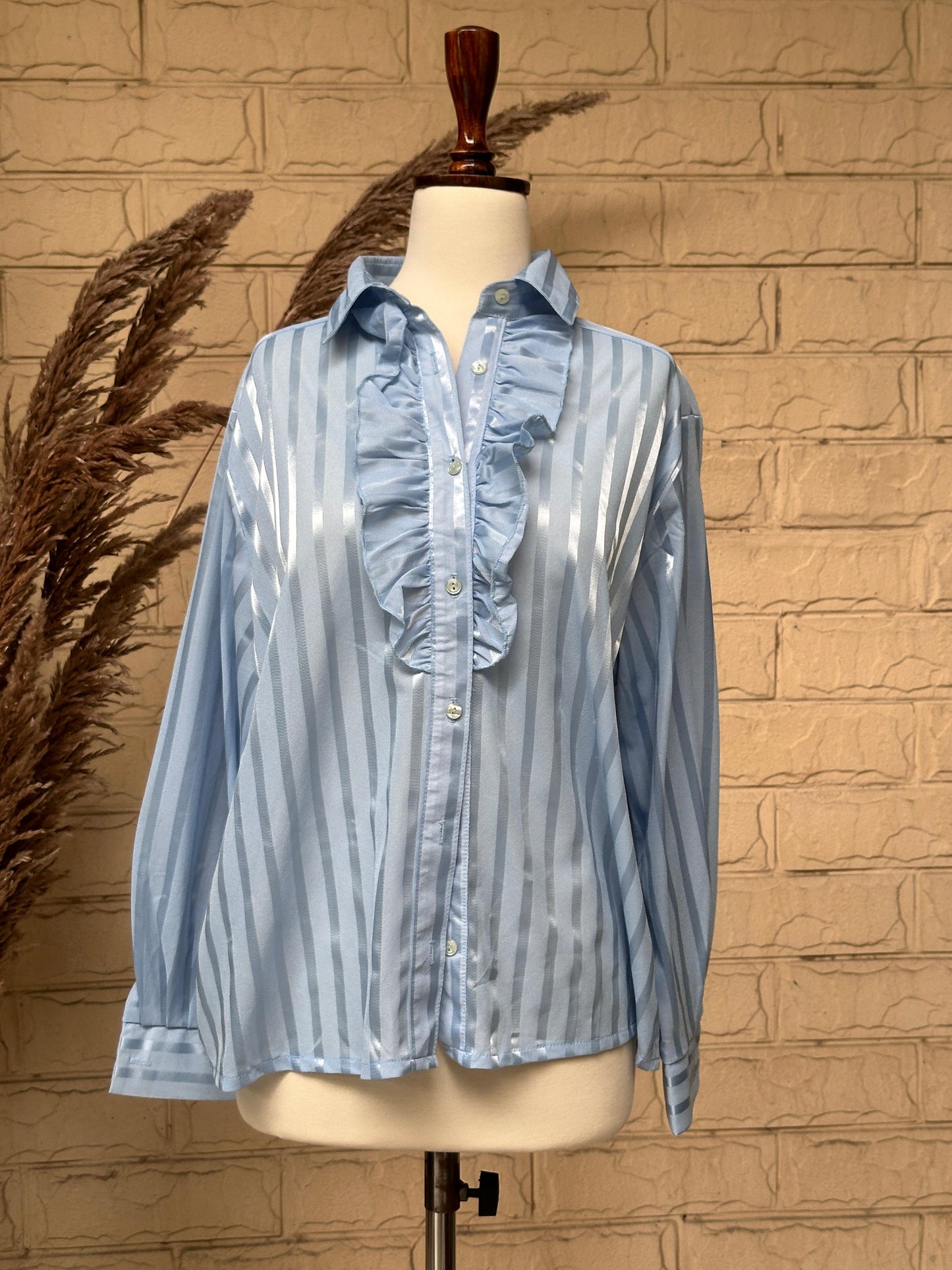 Sky Blue Satin Striped Ruffle-Front Button-Down Shirt