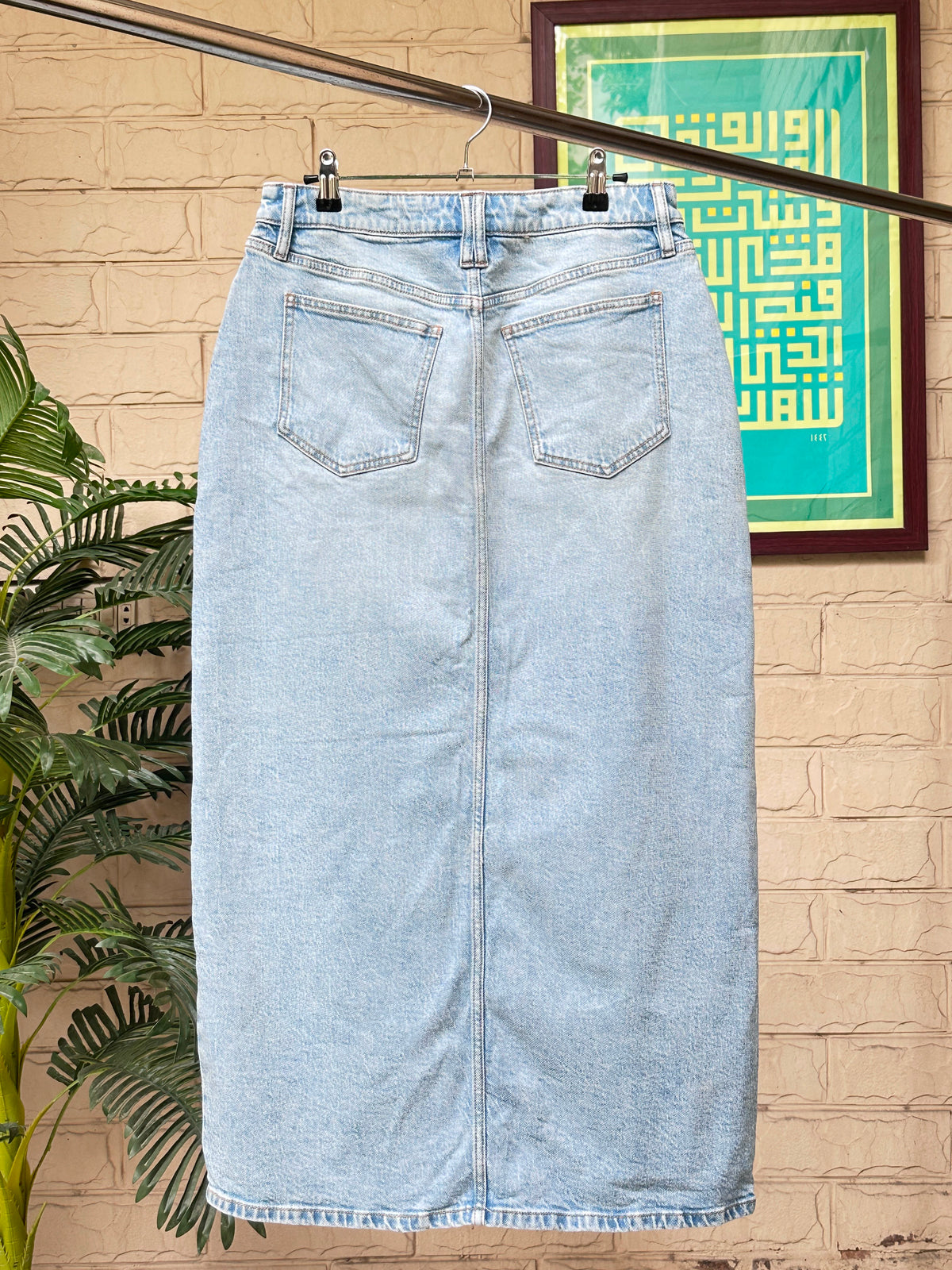 Classic Light Wash Front-Slit Denim Skirt