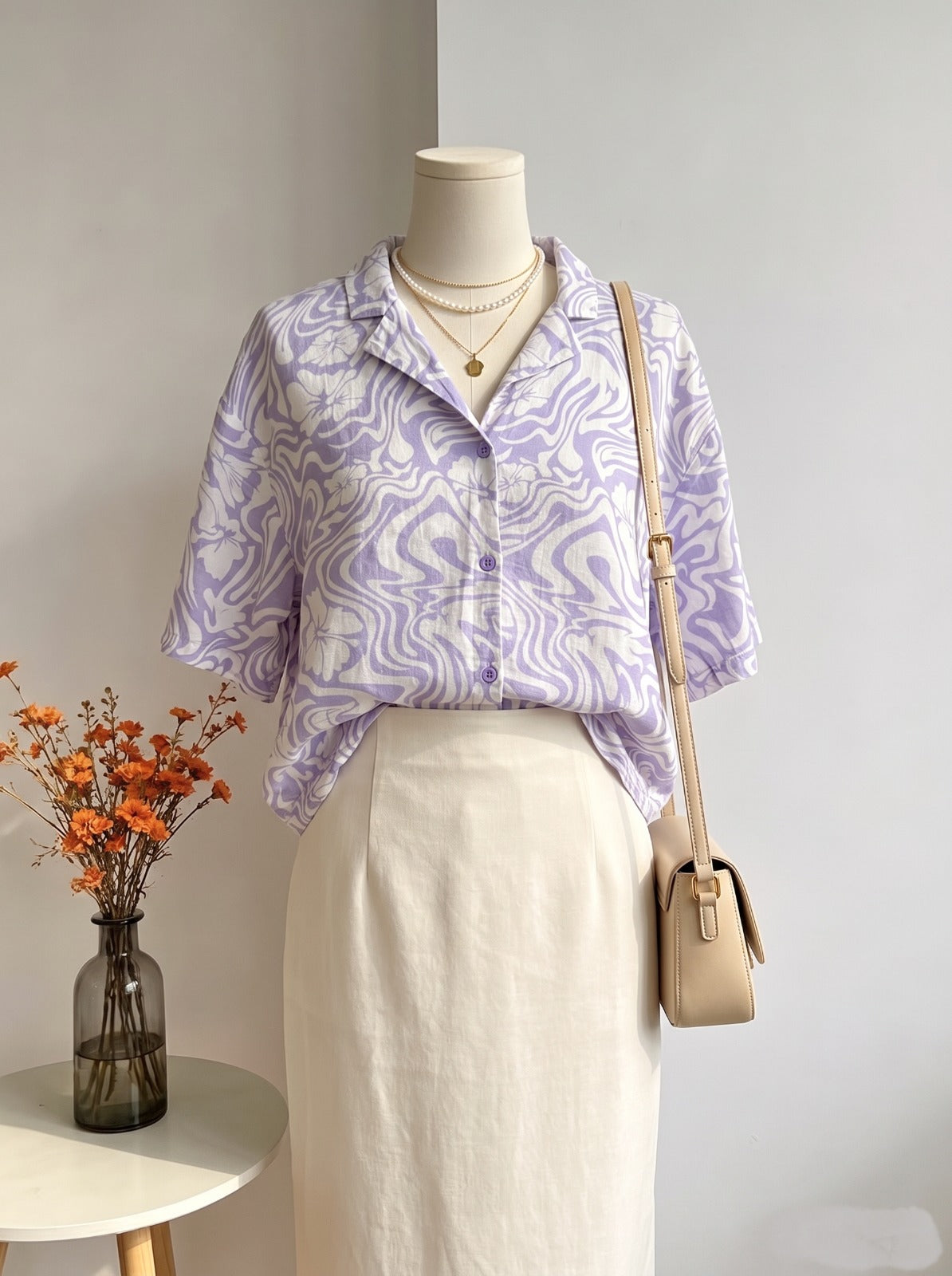 Lilac & White Psychedelic Swirl Floral Resort Shirt