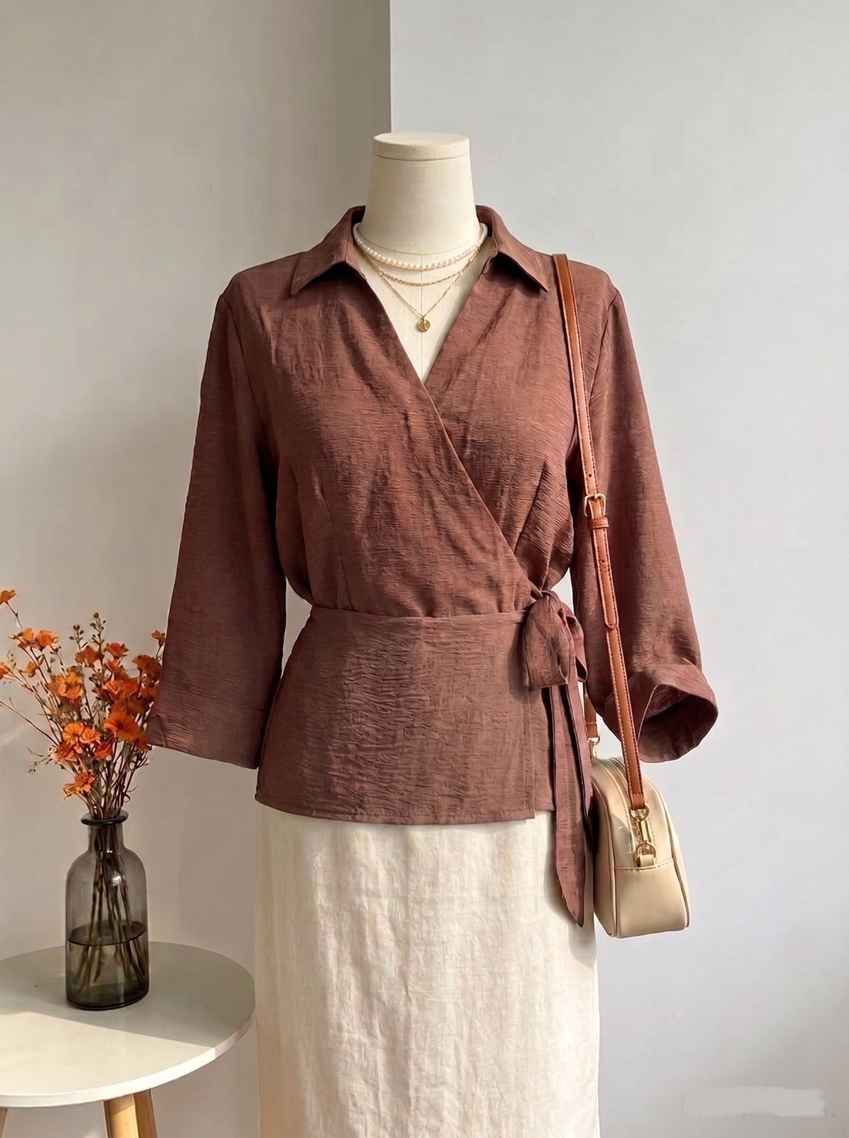 Chocolate Brown Crinkle-Textured Collared Wrap Top