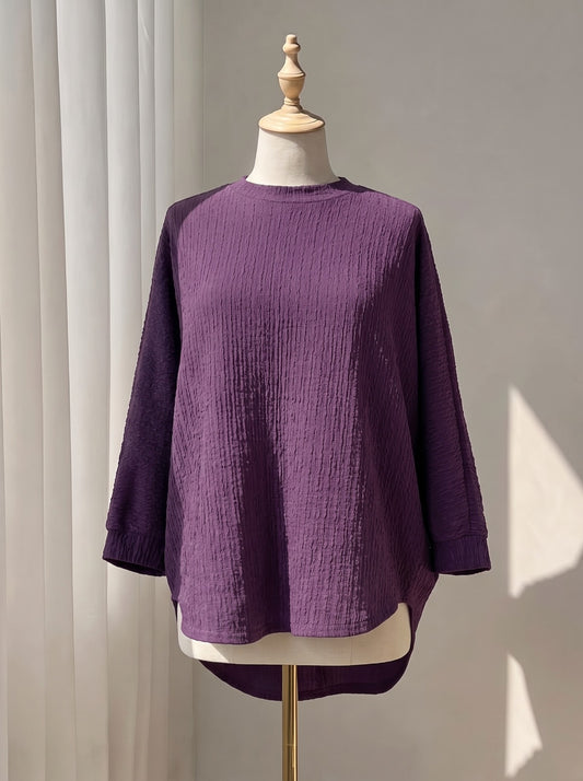 Deep Purple Crinkle Fabric Top – 3/4 Sleeve High-Low Loose Fit Blouse