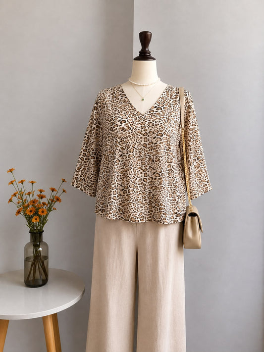 Leopard Print V-Neck Blouse – Loose Fit 3/4 Sleeve Top