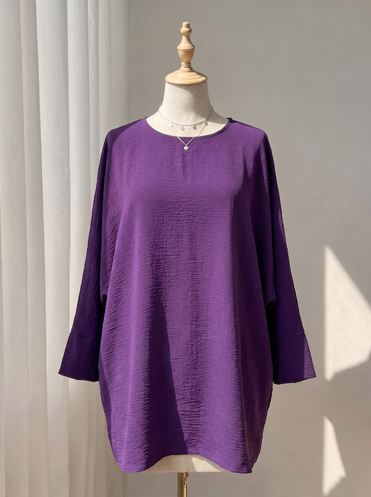 Purple Crinkle Textured Oversized Tunic Top with Batwing Sleeves