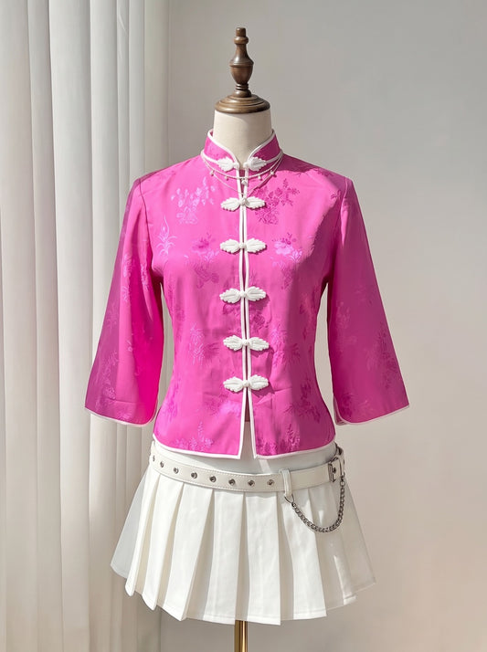 Fuchsia Jacquard Cheongsam Top with White Frog Closures