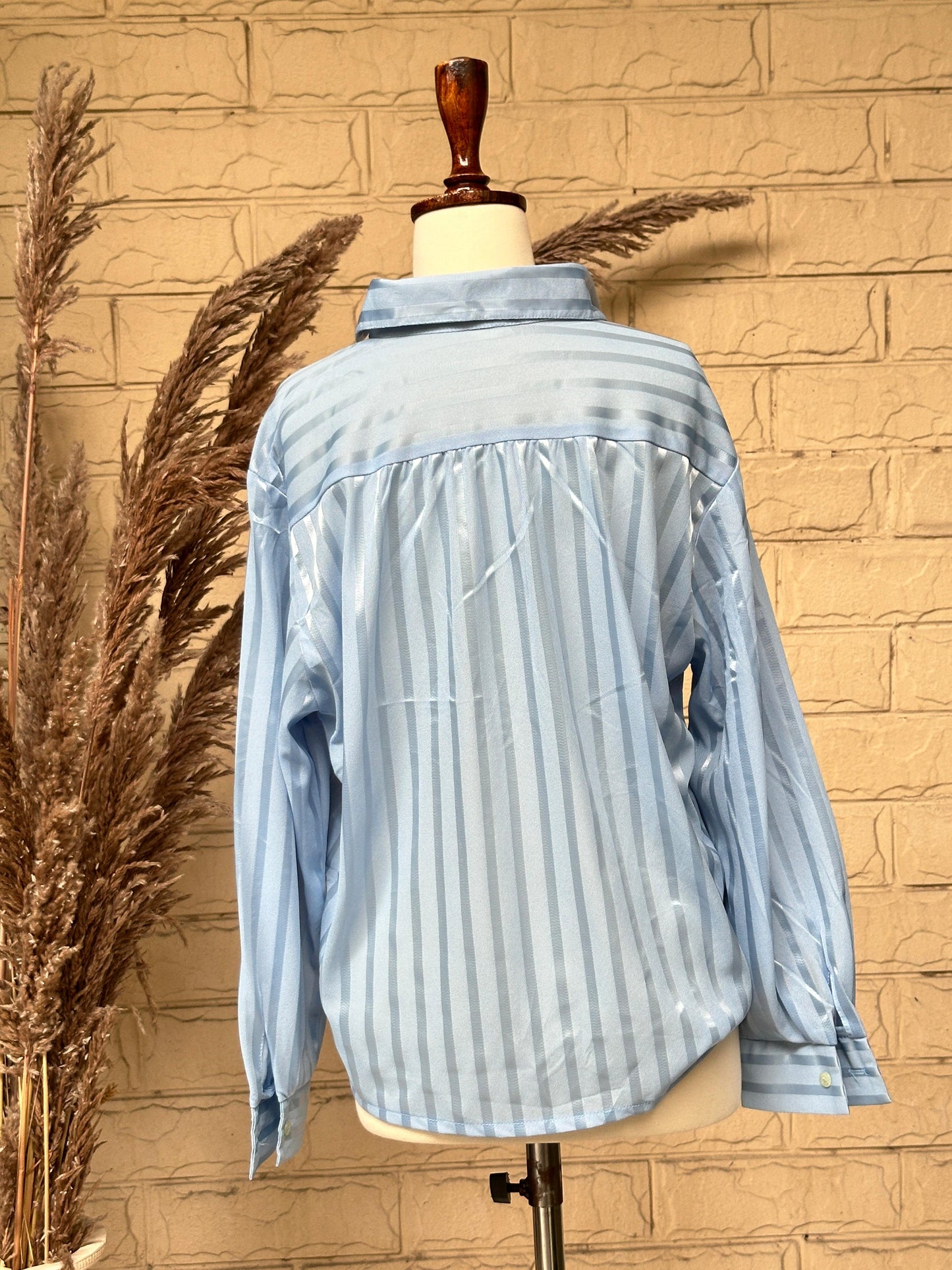Sky Blue Satin Striped Ruffle-Front Button-Down Shirt