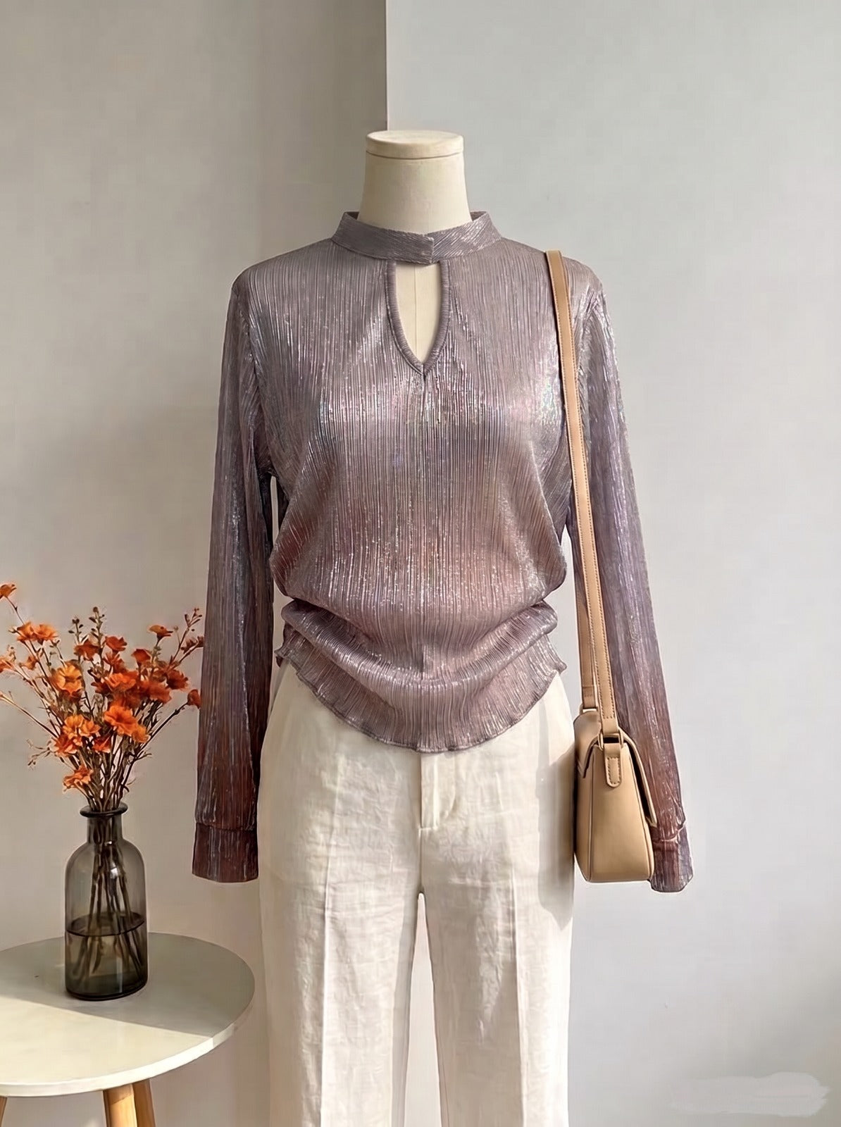 Mauve Metallic Plissé Keyhole Shimmery Top