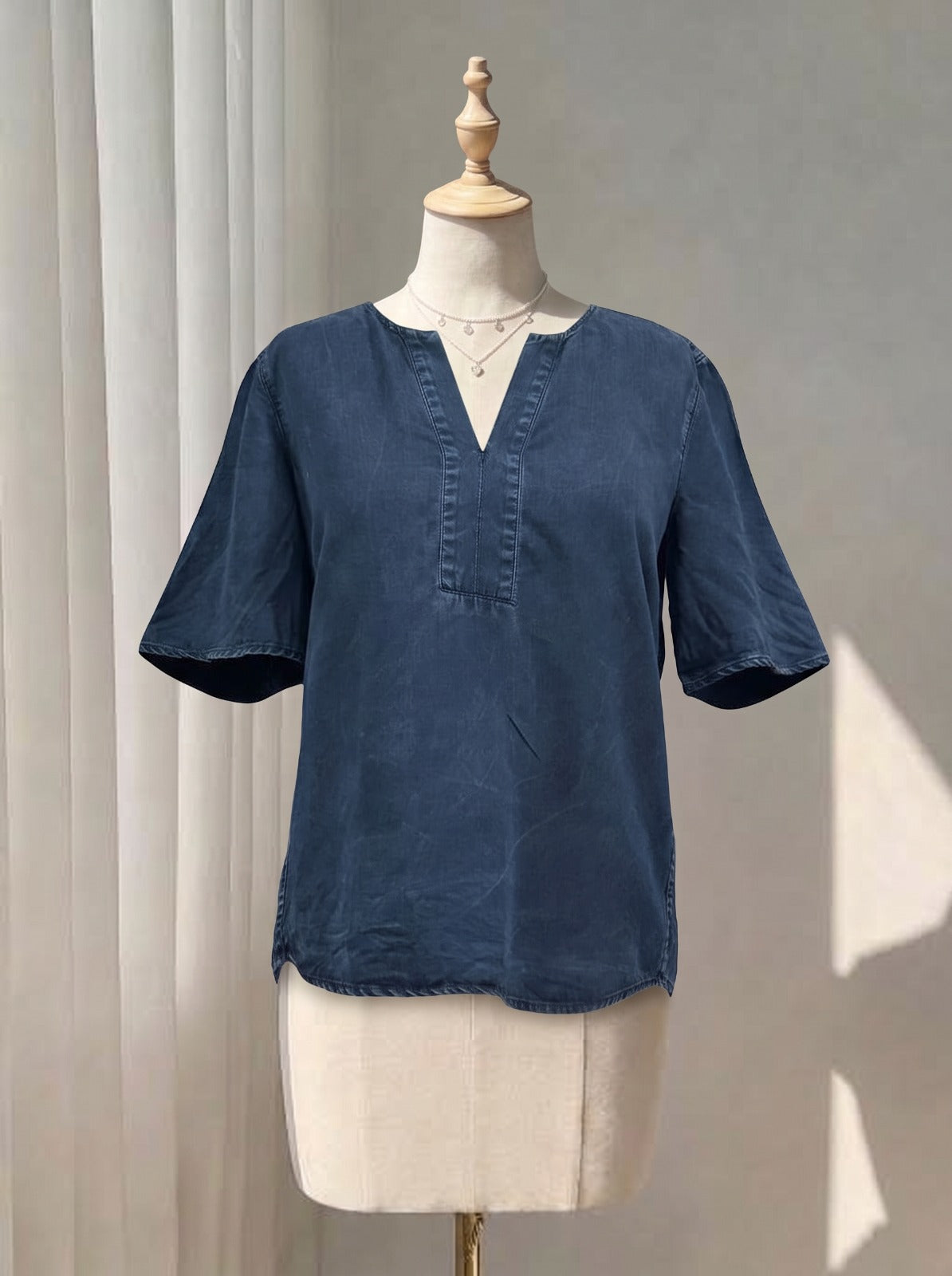 Classic Navy Blue Denim Top – Short Sleeve Notch Neck Shirt