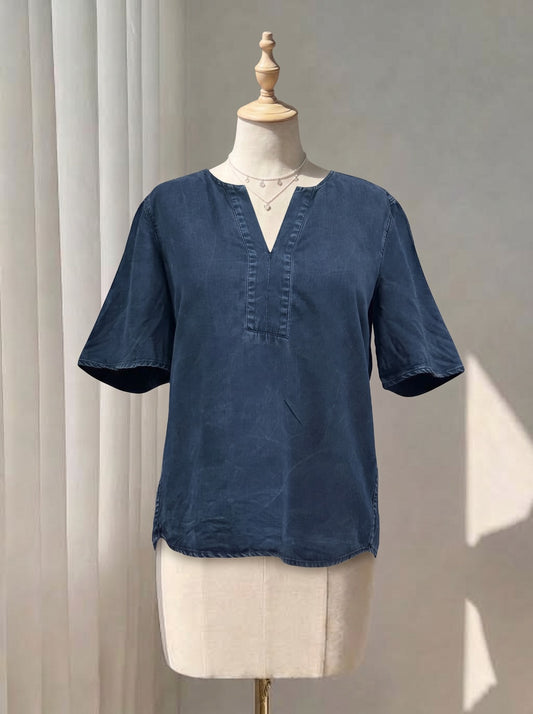 Classic Navy Blue Denim Top – Short Sleeve Notch Neck Shirt