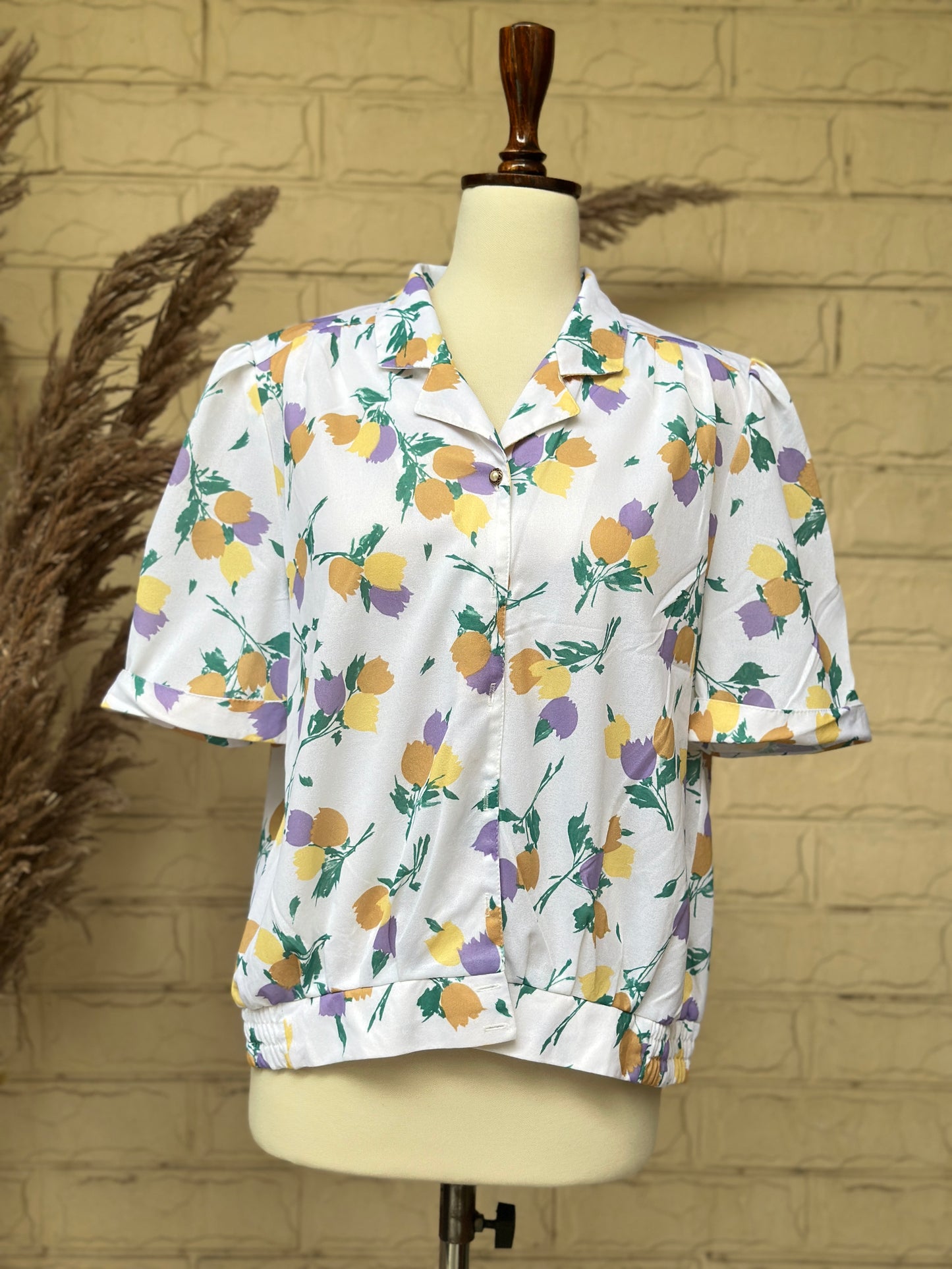 Yellow & Lavender Floral Print Short-Sleeve Cuban Collar Shirt