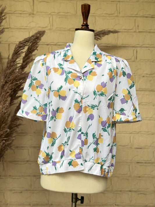 Yellow & Lavender Floral Print Short-Sleeve Cuban Collar Shirt