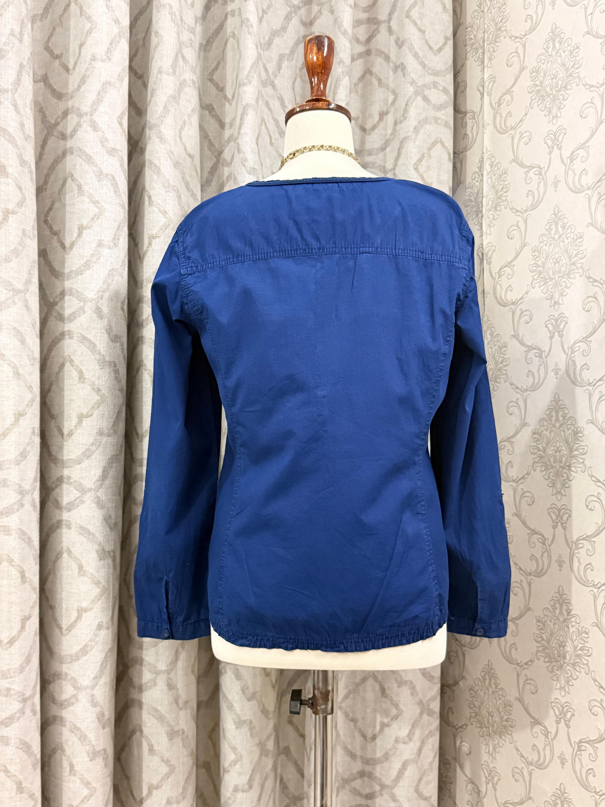 Royal Blue Long Sleeve Henley Top – Smocked Yoke Elastic Hem