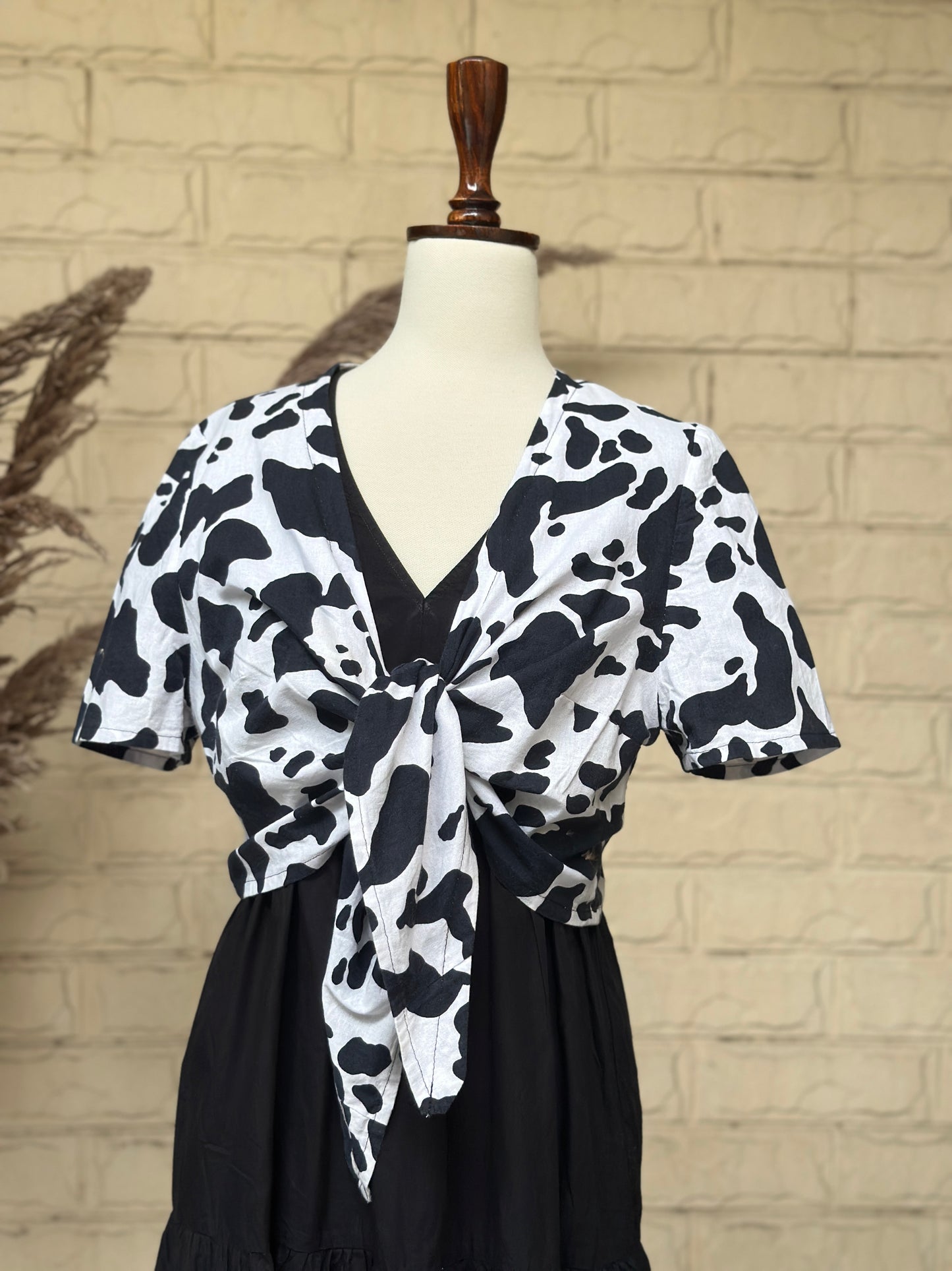 Monochrome Cow Print Front-Knot Top & Black Layered Dress Combo
