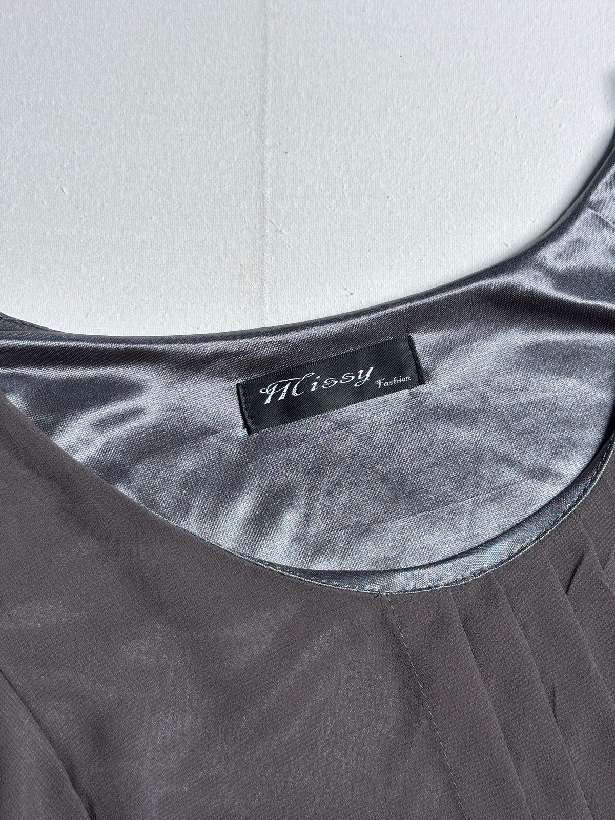 Dusty Grey Pleated Front Blouse – 3/4 Length Balloon Sleeve Chiffon Top