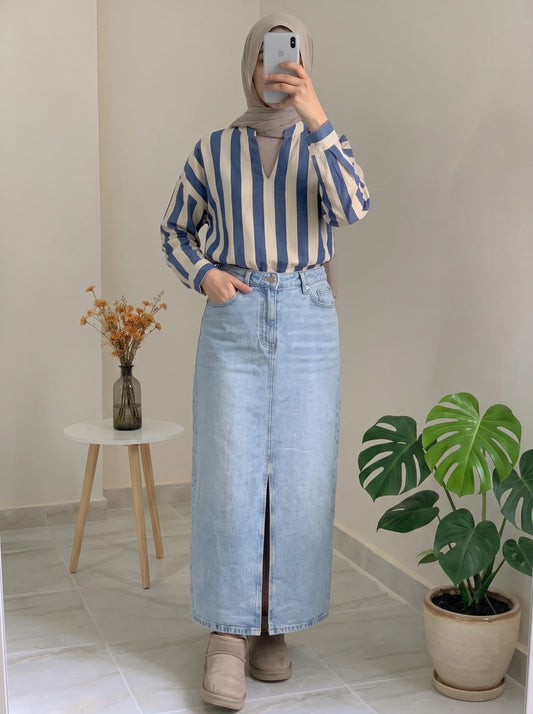 Classic Light Wash Front-Slit Denim Skirt