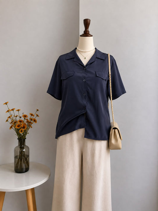 Dark Grey Short-Sleeve Camp Collar Button-Down Shirt