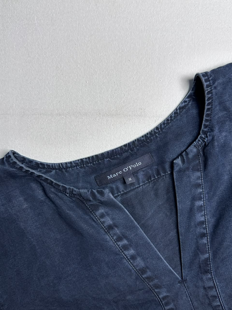 Classic Navy Blue Denim Top – Short Sleeve Notch Neck Shirt