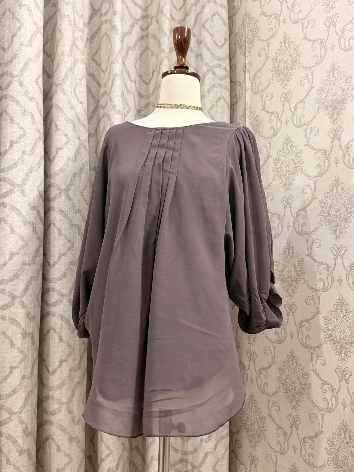 Dusty Grey Pleated Front Blouse – 3/4 Length Balloon Sleeve Chiffon Top