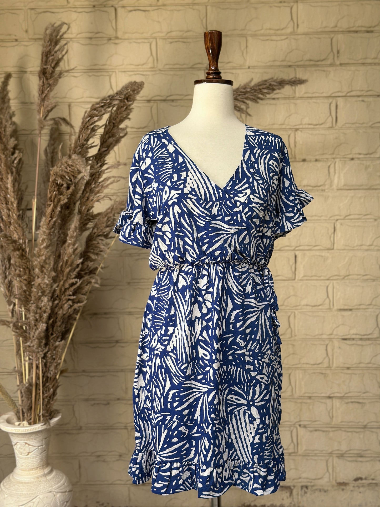 Cobalt Blue Abstract Botanical Wrap Dress