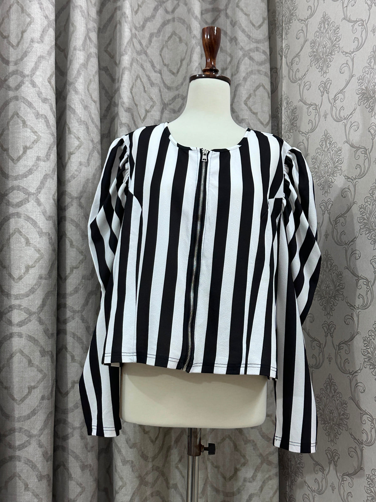 Black and White Striped Zip-Front  Top – Long Puff Sleeve Crewneck Top