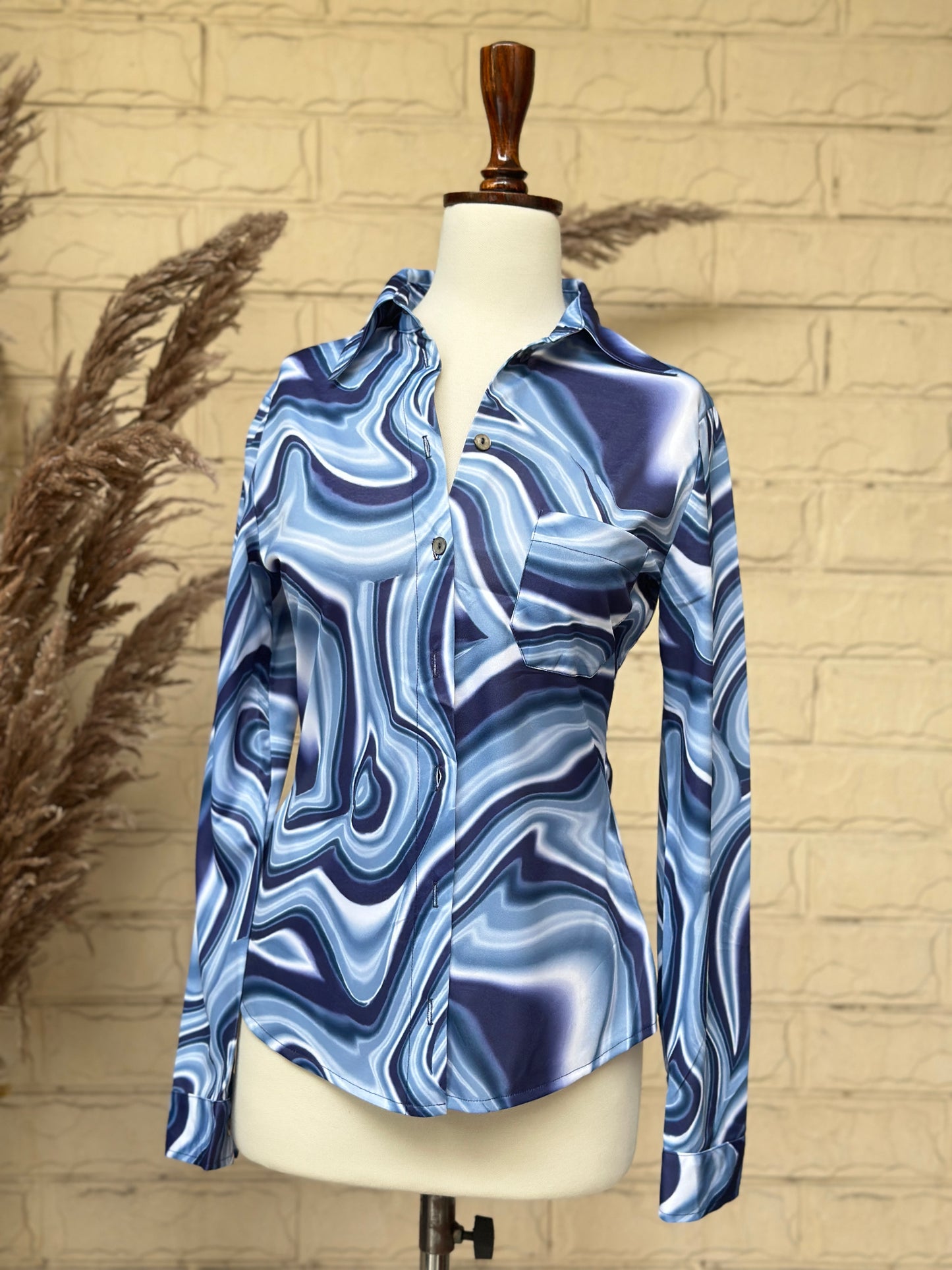 Ocean Wave Marbled Satin Button-Up Shirt