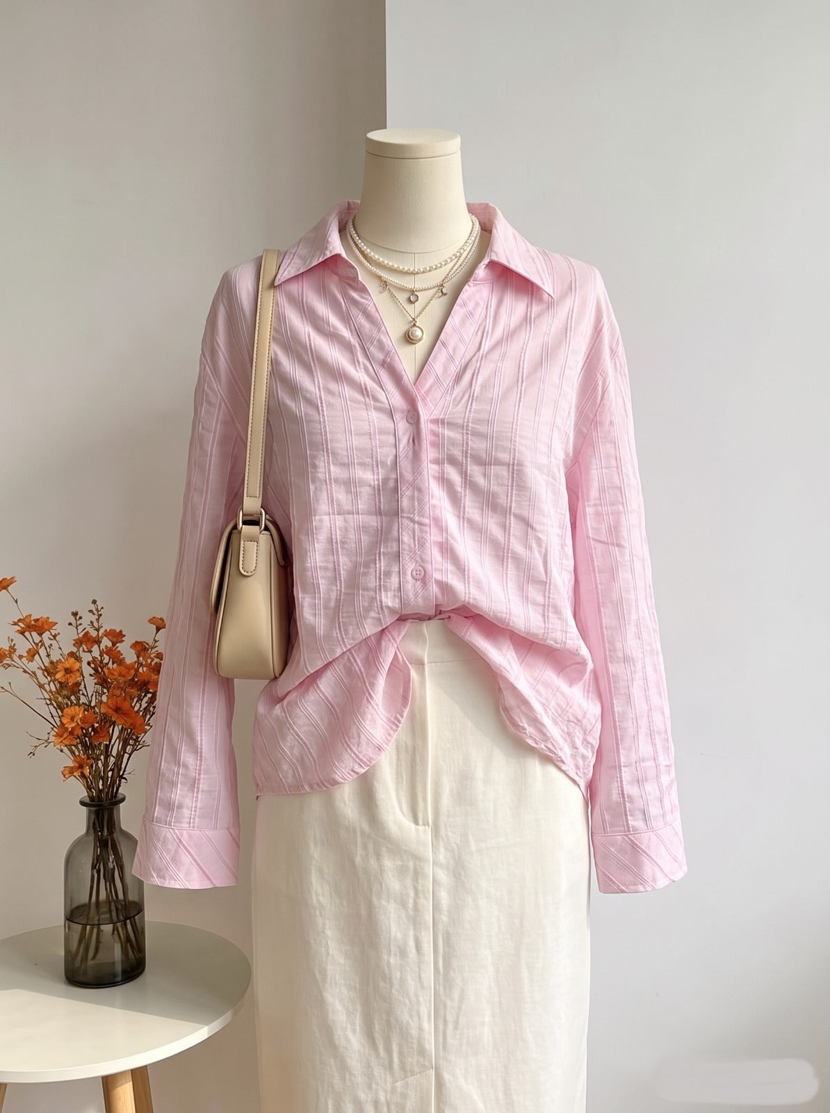 Soft Pink Textured Self-Stripe Button-Down Shirt