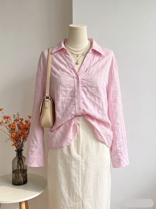 Soft Pink Textured Self-Stripe Button-Down Shirt
