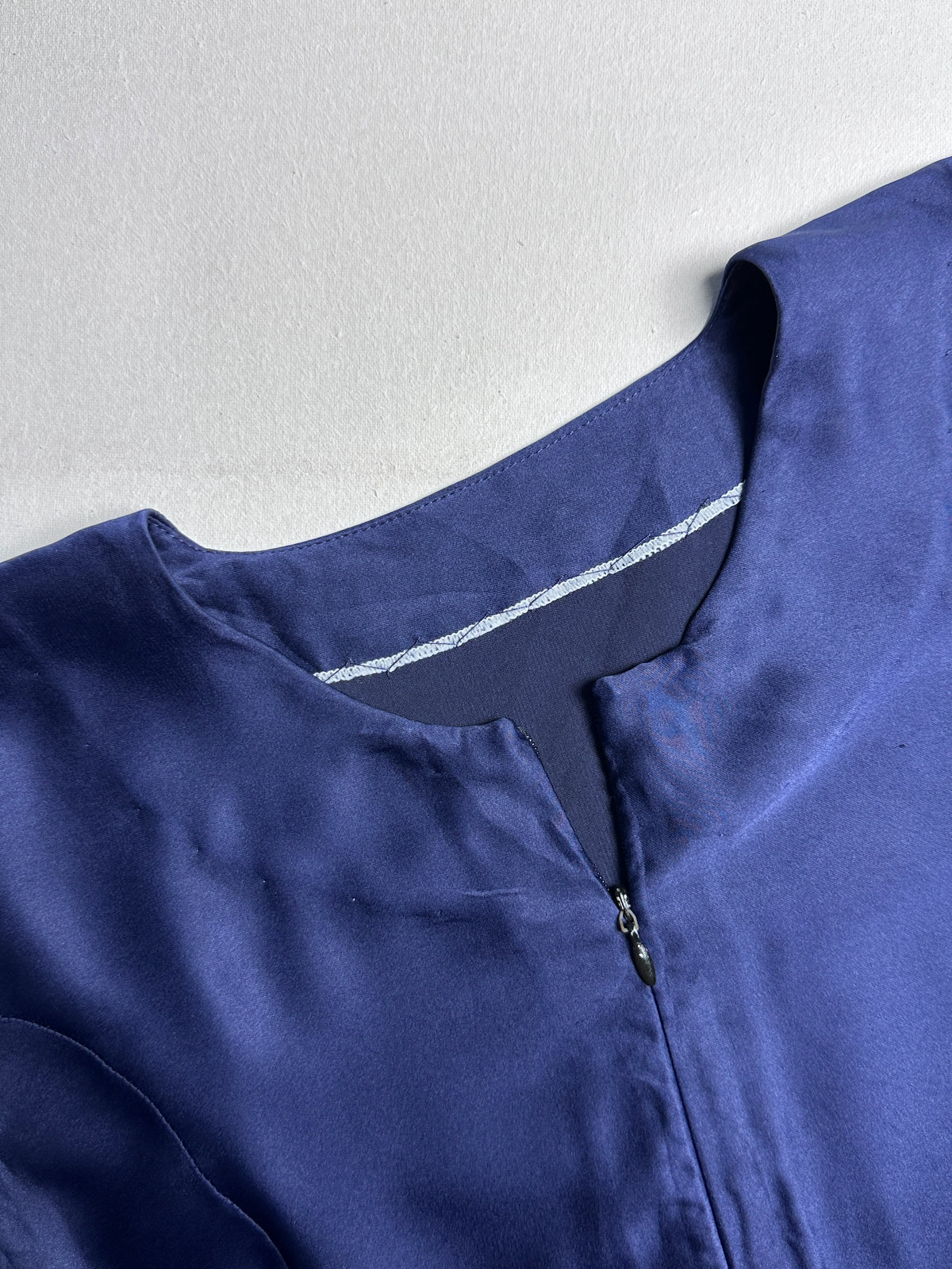 Navy Blue Satin Peplum – Fitted Long Sleeve Crew Neck Top
