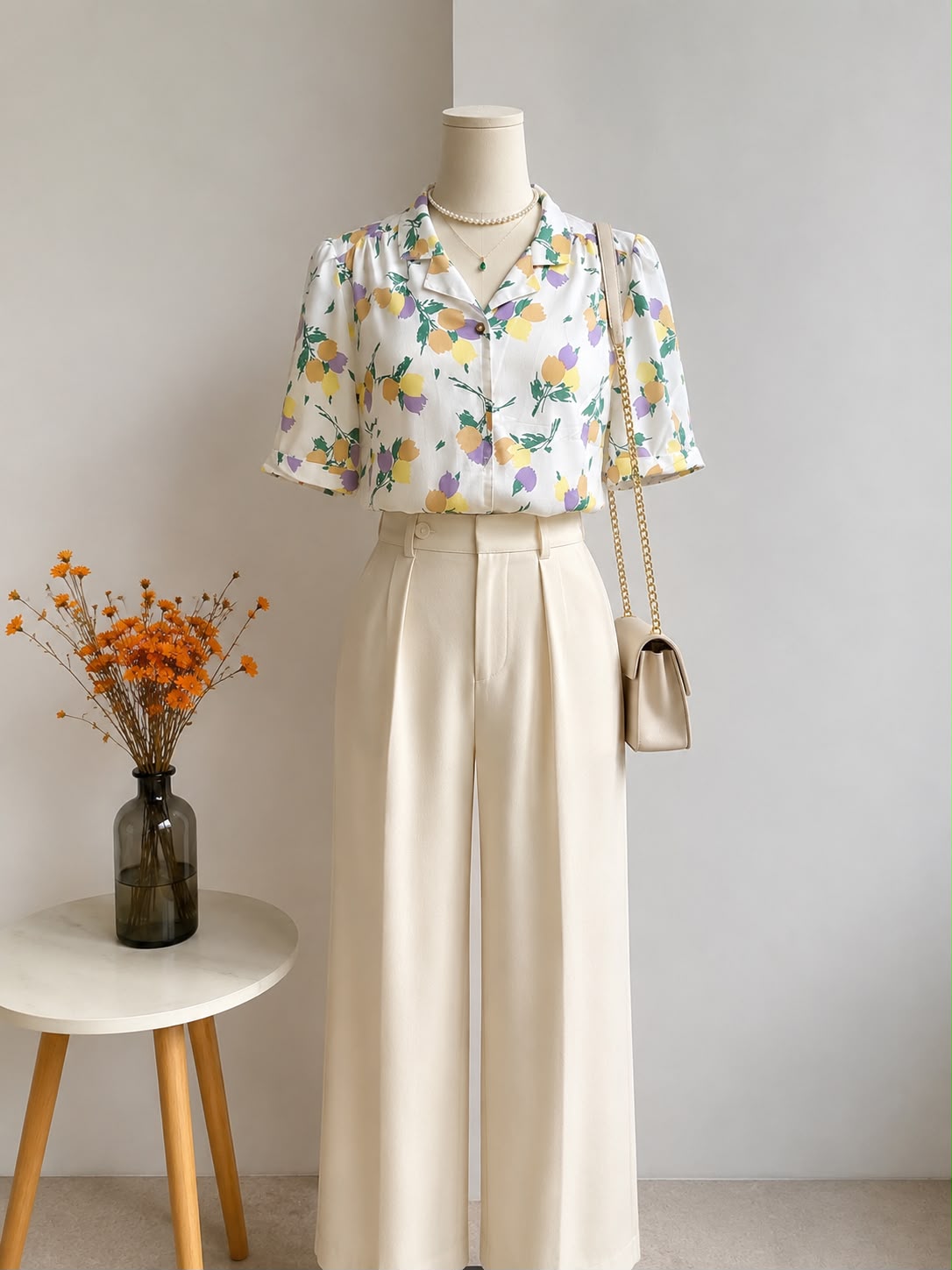 Yellow & Lavender Floral Print Short-Sleeve Cuban Collar Shirt