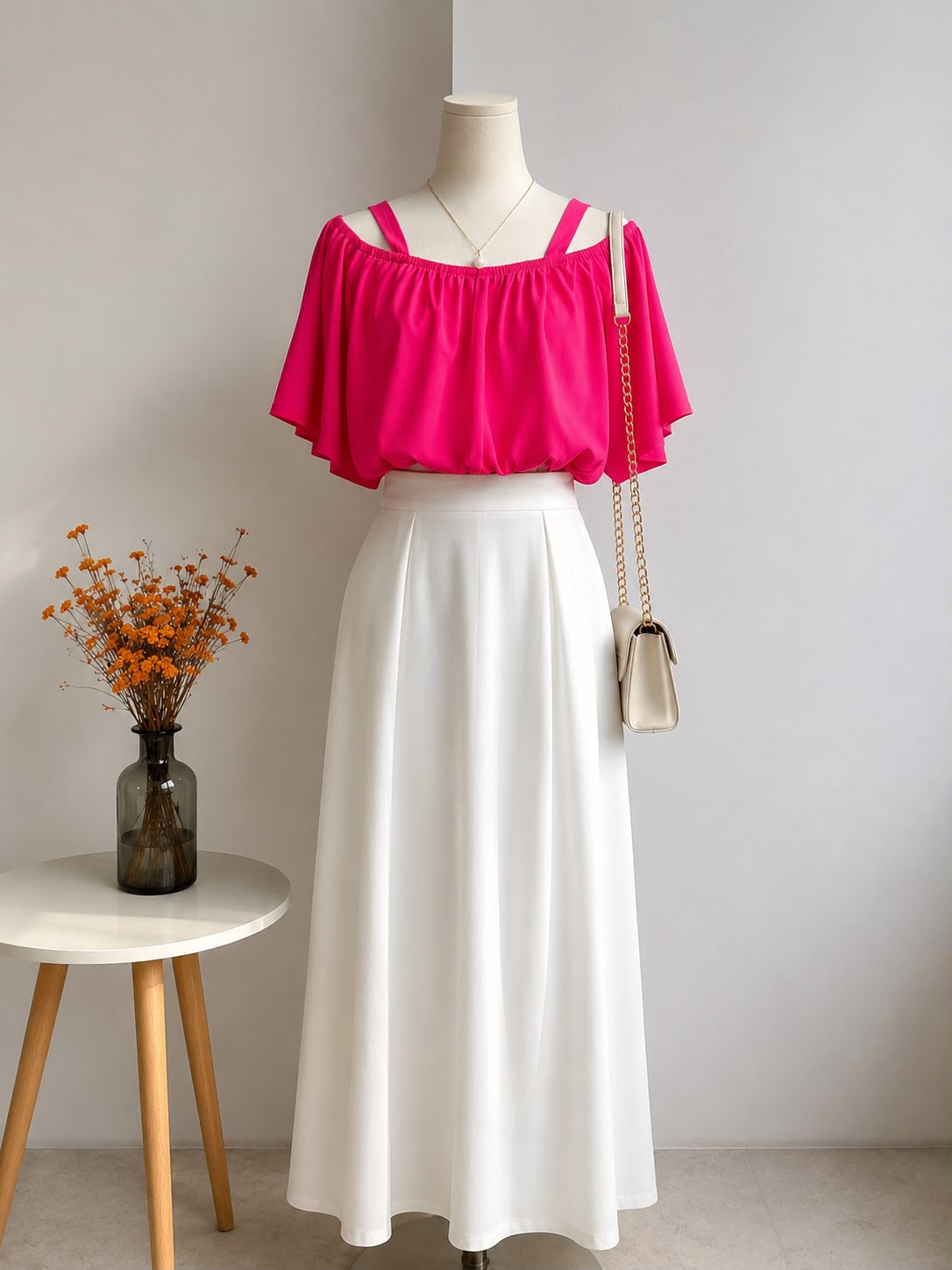 Fuchsia Off-Shoulder Blouse with Shoulder Straps